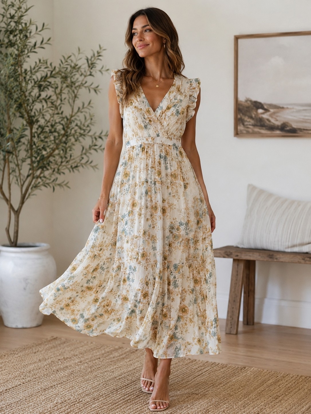 Taylor Cream Floral Maxi Dress with Yellow and Blue Blossoms